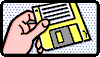 Graphic is a hand holding a 3.5 floppy disk.